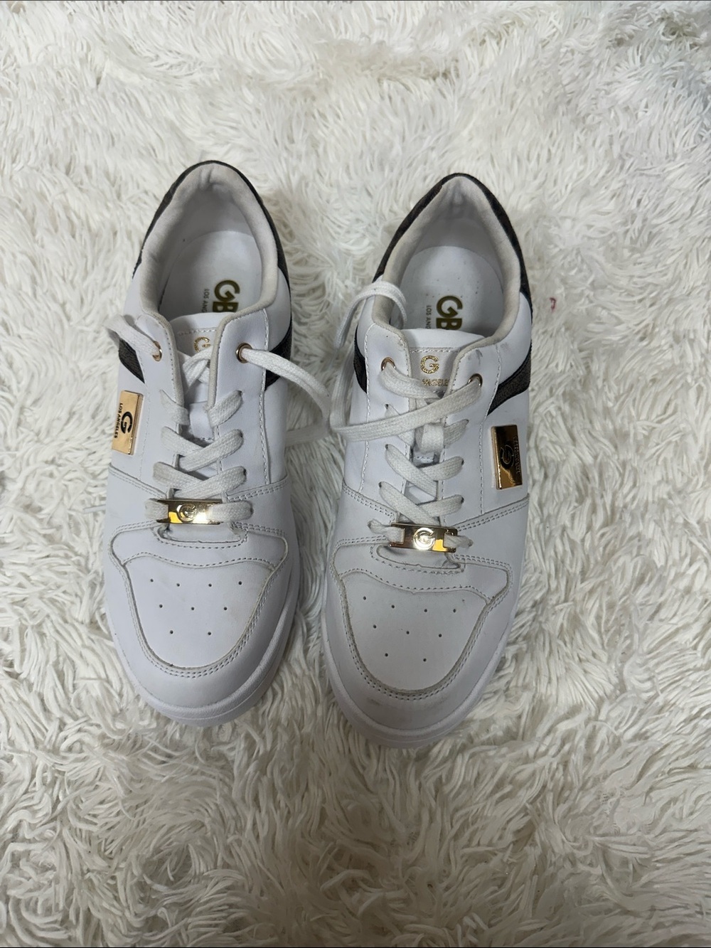 GBG Los Angeles White and Black Low-Top Sneakers with Gold Accents